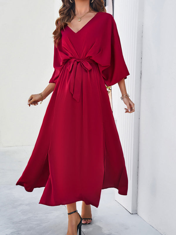 Cocktail Dresses- Cocktail Tie-Belt V-Open Back Kaftan Maxi Dress in Satin Finish- - Chuzko Women Clothing