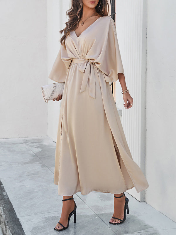 Cocktail Dresses- Cocktail Tie-Belt V-Open Back Kaftan Maxi Dress in Satin Finish- - Chuzko Women Clothing