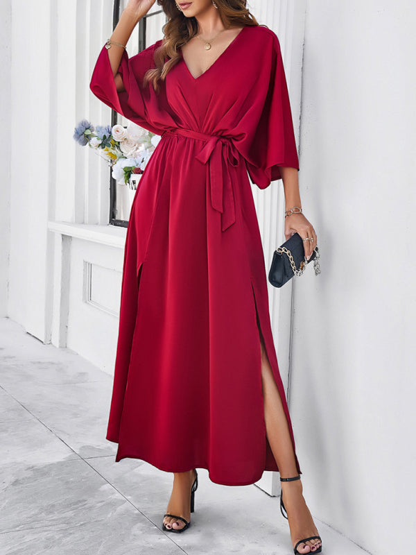 Cocktail Dresses- Cocktail Tie-Belt V-Open Back Kaftan Maxi Dress in Satin Finish- - Chuzko Women Clothing