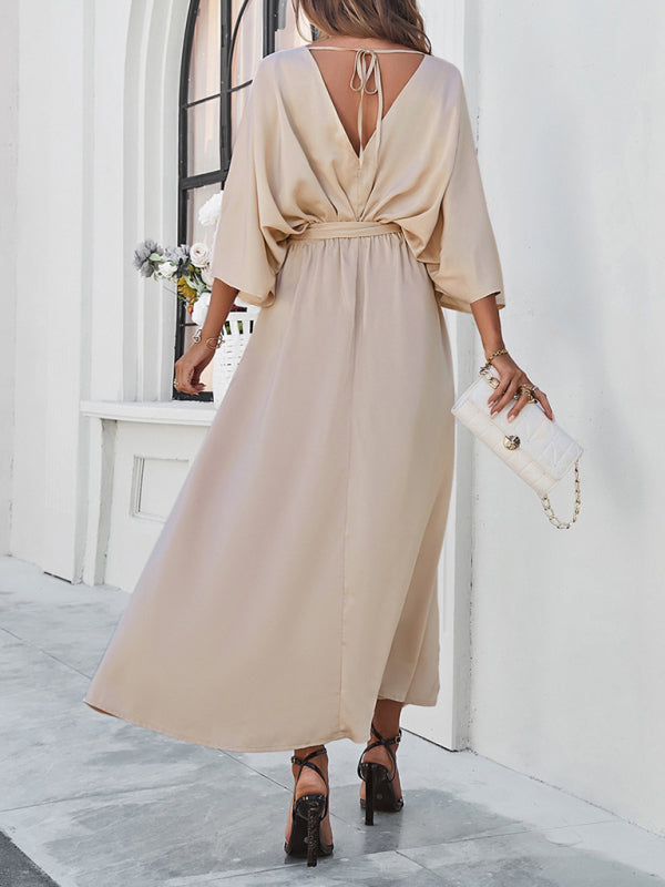 Cocktail Dresses- Cocktail Tie-Belt V-Open Back Kaftan Maxi Dress in Satin Finish- - Chuzko Women Clothing