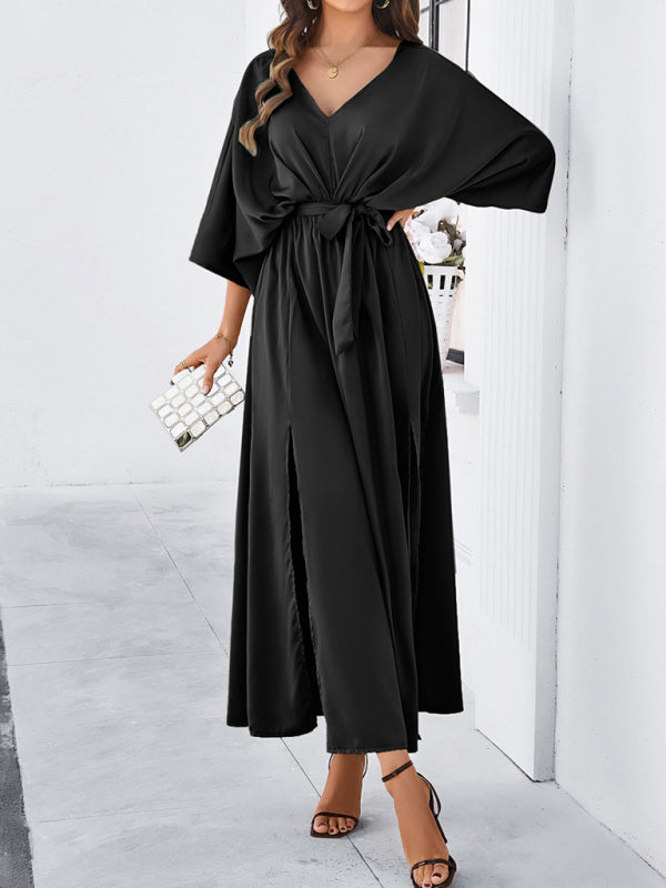 Cocktail Dresses- Cocktail Tie-Belt V-Open Back Kaftan Maxi Dress in Satin Finish- - Chuzko Women Clothing