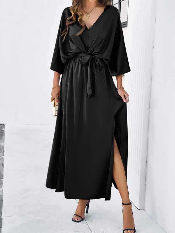 Cocktail Dresses- Cocktail Tie-Belt V-Open Back Kaftan Maxi Dress in Satin Finish- Black- Chuzko Women Clothing