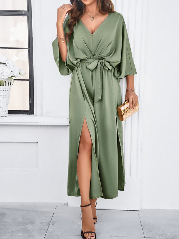 Cocktail Dresses- Cocktail Tie-Belt V-Open Back Kaftan Maxi Dress in Satin Finish- - Chuzko Women Clothing