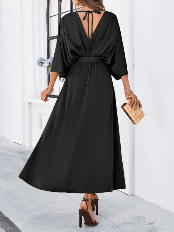 Cocktail Dresses- Cocktail Tie-Belt V-Open Back Kaftan Maxi Dress in Satin Finish- - Chuzko Women Clothing