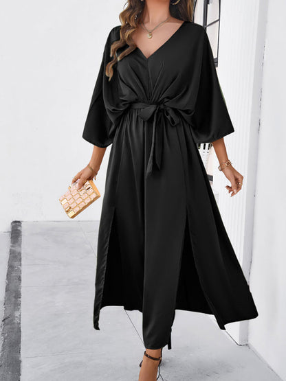 Cocktail Dresses- Cocktail Tie-Belt V-Open Back Kaftan Maxi Dress in Satin Finish- - Chuzko Women Clothing