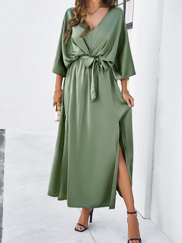 Cocktail Dresses- Cocktail Tie-Belt V-Open Back Kaftan Maxi Dress in Satin Finish- Green- Chuzko Women Clothing