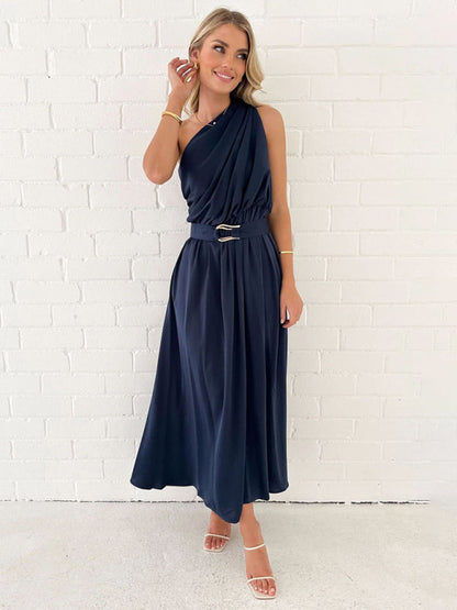 Cocktail Dresses- Elegant Belted One Shoulder Midi Dress- Purplish blue navy- Pekosa Women Clothing