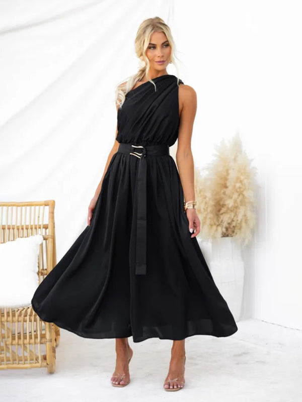 Cocktail Dresses- Elegant Belted One Shoulder Midi Dress- Black- Pekosa Women Clothing