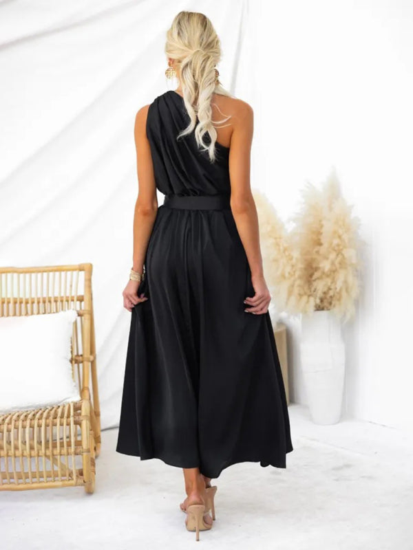 Cocktail Dresses- Elegant Belted One Shoulder Midi Dress- - Pekosa Women Clothing