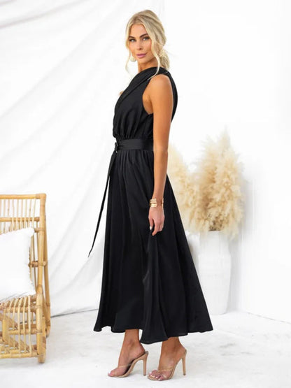 Cocktail Dresses- Elegant Belted One Shoulder Midi Dress- - Pekosa Women Clothing