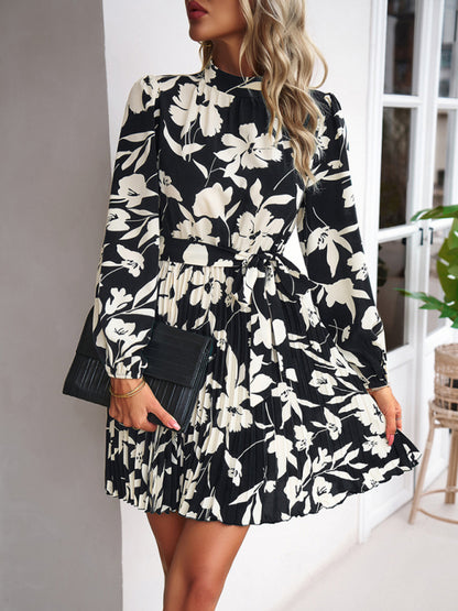 Cocktail Dresses- Elegant Floral Pleated Long Sleeve High Neck Mini Dress- - Pekosa Women Clothing