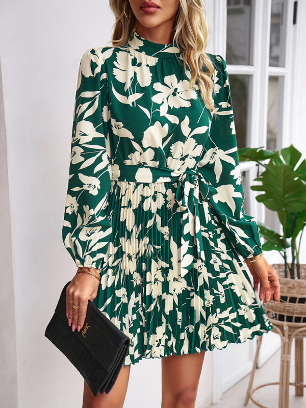 Cocktail Dresses- Elegant Floral Pleated Long Sleeve High Neck Mini Dress- Deep green- Pekosa Women Clothing