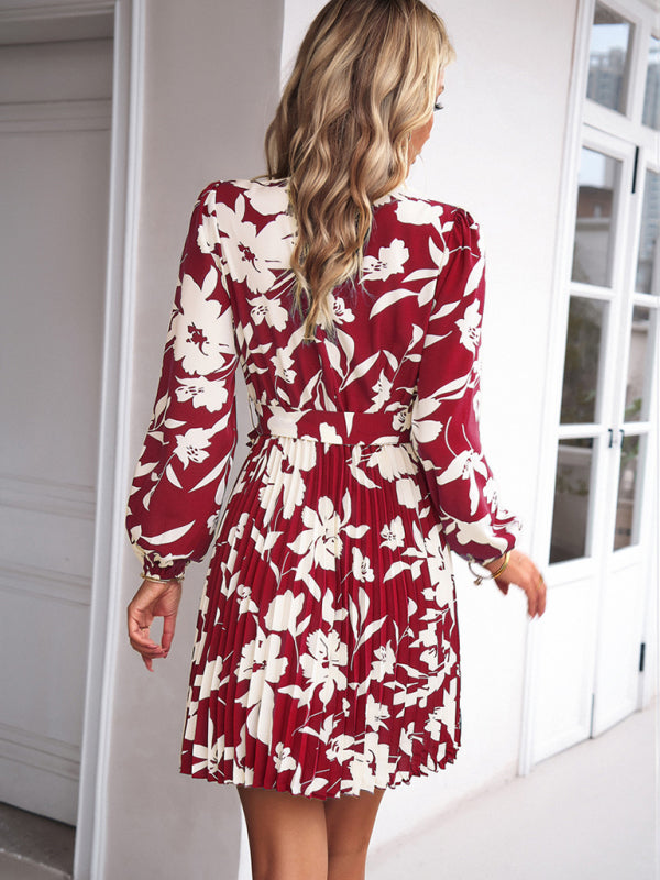 Cocktail Dresses- Elegant Floral Pleated Long Sleeve High Neck Mini Dress- - Pekosa Women Clothing