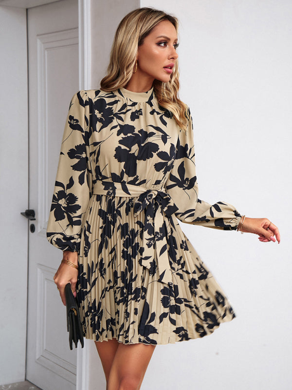 Cocktail Dresses- Elegant Floral Pleated Long Sleeve High Neck Mini Dress- - Pekosa Women Clothing