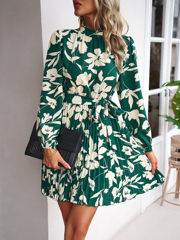 Cocktail Dresses- Elegant Floral Pleated Long Sleeve High Neck Mini Dress- - Pekosa Women Clothing