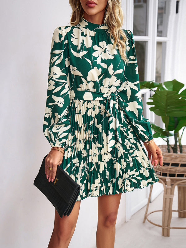 Cocktail Dresses- Elegant Floral Pleated Long Sleeve High Neck Mini Dress- - Pekosa Women Clothing