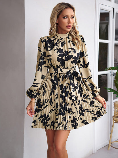 Cocktail Dresses- Elegant Floral Pleated Long Sleeve High Neck Mini Dress- Khaki- Pekosa Women Clothing