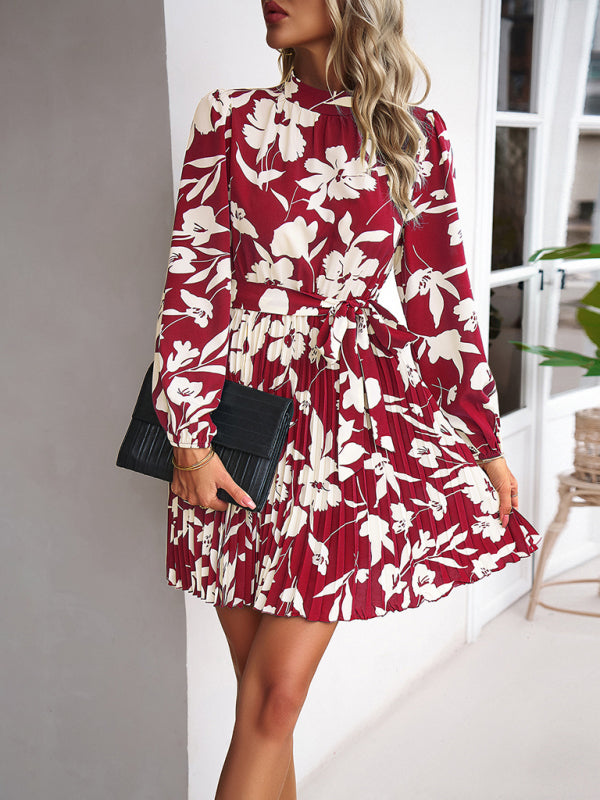 Cocktail Dresses- Elegant Floral Pleated Long Sleeve High Neck Mini Dress- Red- Pekosa Women Clothing