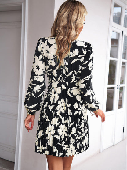 Cocktail Dresses- Elegant Floral Pleated Long Sleeve High Neck Mini Dress- - Pekosa Women Clothing