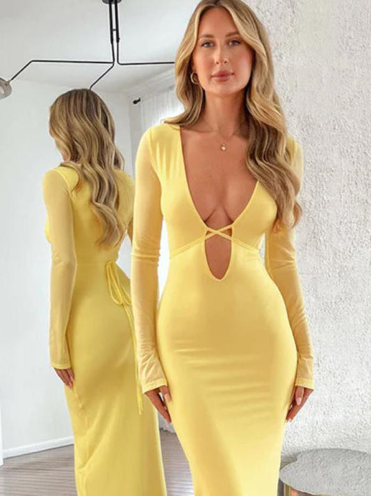 Cocktail Dresses- Elegant Mesh Sleeves Cutout Plunge Maxi Dress- Yellow- Pekosa Women Clothing