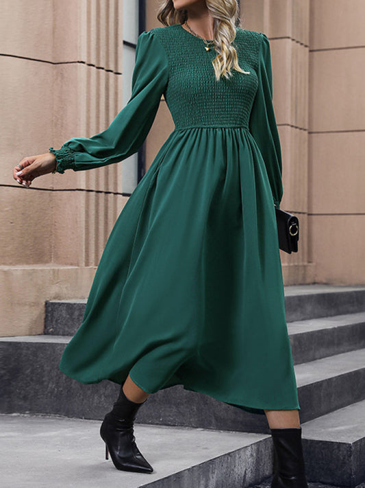Cocktail Dresses- Elegant Solid Bishop Sleeve Smocked Bodice Long Dress- Green black jasper- Pekosa Women Clothing