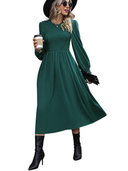 Cocktail Dresses- Elegant Solid Bishop Sleeve Smocked Bodice Long Dress- - Pekosa Women Clothing