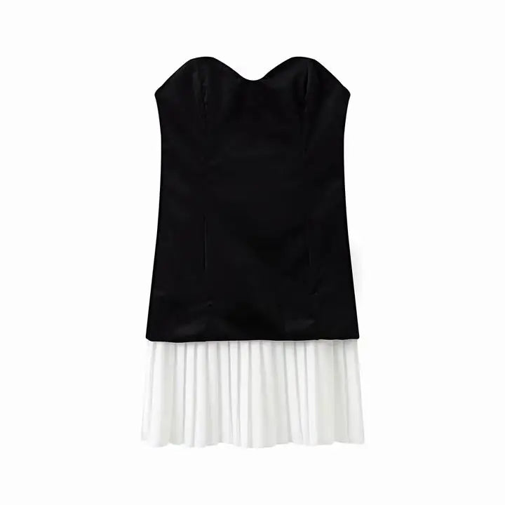 Cocktail Dresses- Elegant Strapless Velvet Dress with Contrast Pleated Trim- - Pekosa Women Fashion