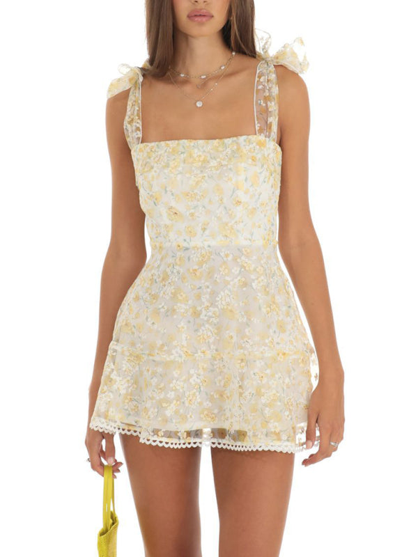 Cocktail Dresses- Floral Mesh Tie-Shoulder Cocktail Dress- Light yellow- Pekosa Women Fashion