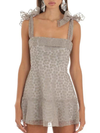 Cocktail Dresses- Floral Mesh Tie-Shoulder Cocktail Dress- Grey- Pekosa Women Fashion