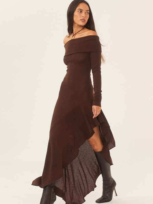 Cocktail Dresses- Solid Autumn High-Low Ruffle Side Off Shoulder Long Dress- - Pekosa Women Clothing