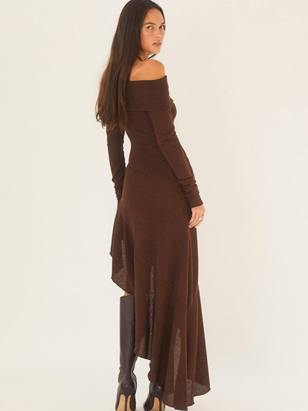 Cocktail Dresses- Solid Autumn High-Low Ruffle Side Off Shoulder Long Dress- - Pekosa Women Clothing