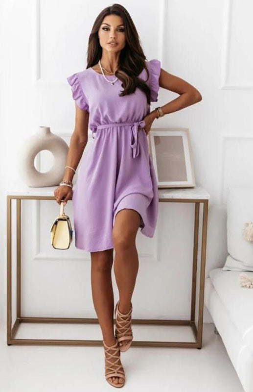 Cocktail Dresses- Solid Cocktail Belt Tie Crew Neck Mini Dress- Purple- Pekosa Women Clothing