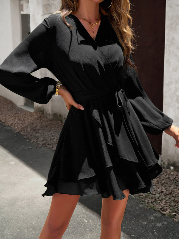 Cocktail Dresses- Textured Surplice V-Neck Long Sleeve Belt Tie Layered Mini Dress- Black- Pekosa Women Clothing