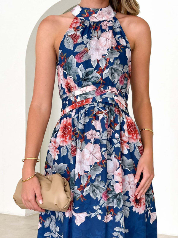 Cocktail dresses- Cocktail Floral Print Halterneck Sleeveless Midi Dress- - Pekosa Women Clothing