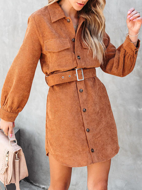 Corduroy Dresses- Corduroy Belted Button Shirt Dress- Brown- Pekosa Women Clothing