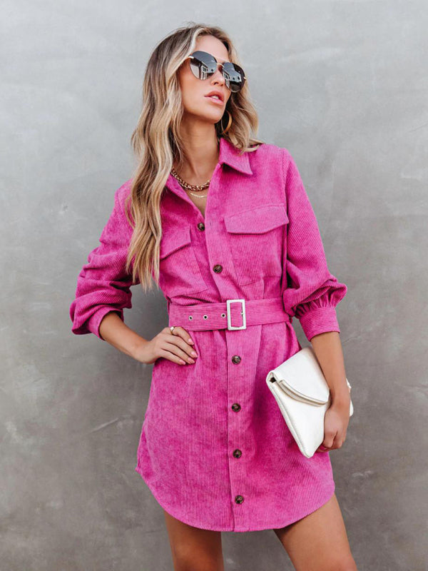 Corduroy Dresses- Corduroy Belted Button Shirt Dress- - Pekosa Women Clothing