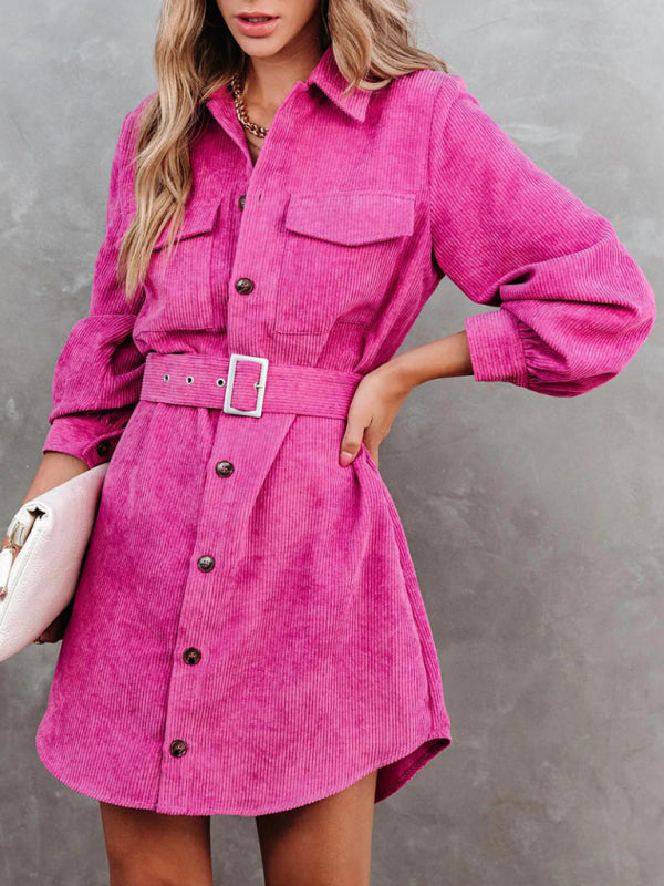 Corduroy Dresses- Corduroy Belted Button Shirt Dress- - Pekosa Women Clothing