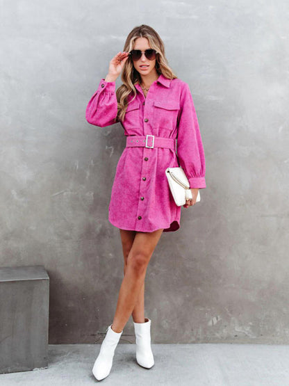 Corduroy Dresses- Corduroy Belted Button Shirt Dress- - Pekosa Women Clothing