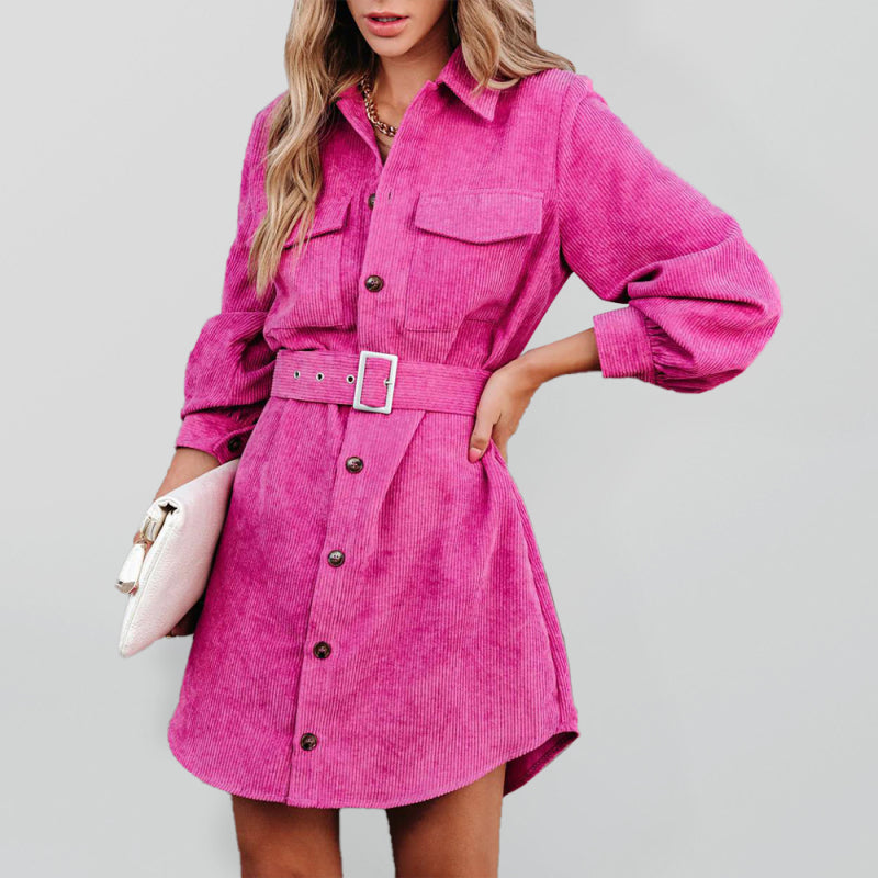 Corduroy Dresses- Corduroy Belted Button Shirt Dress- - Pekosa Women Clothing