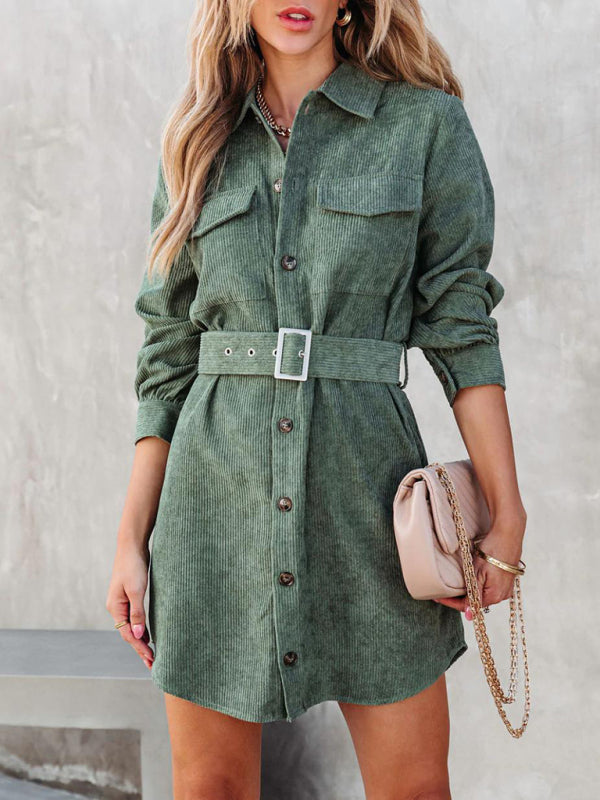 Corduroy Dresses- Corduroy Belted Button Shirt Dress- Green- Pekosa Women Clothing