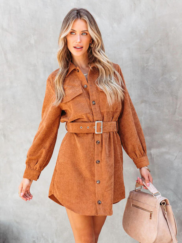 Corduroy Dresses- Corduroy Belted Button Shirt Dress- - Pekosa Women Clothing