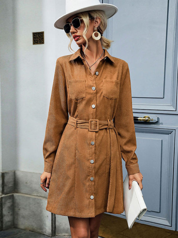 Corduroy Dresses- Solid Corduroy Long Sleeve Belted Shirt Dress- - Pekosa Women Clothing