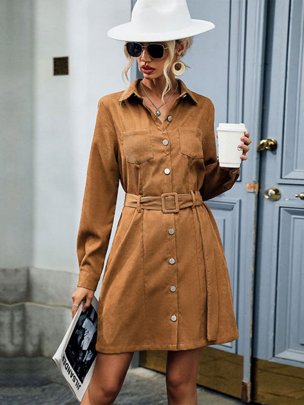 Corduroy Dresses- Solid Corduroy Long Sleeve Belted Shirt Dress- - Pekosa Women Clothing