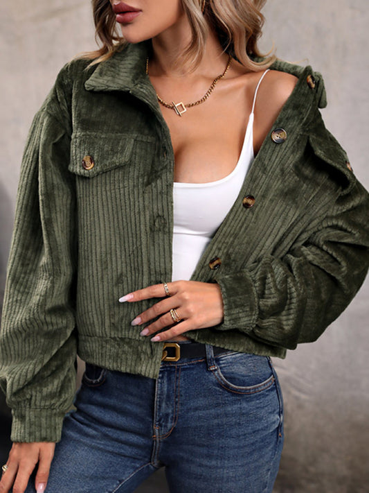 Corduroy Jackets- Corduroy Couture: Cuffed Sleeve Velvet Jacket- Olive green- Pekosa Women Clothing