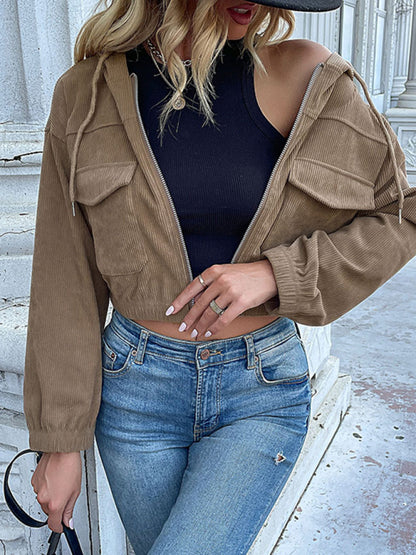 Corduroy Jackets- Corduroy Hooded Zip-Up Aviator Crop Jacket- - Pekosa Women Clothing