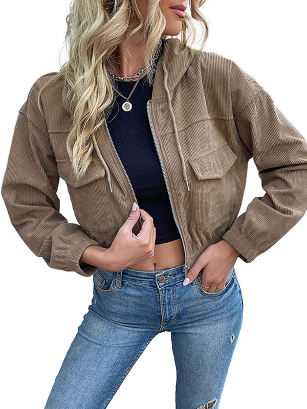 Corduroy Jackets- Corduroy Hooded Zip-Up Aviator Crop Jacket- - Pekosa Women Clothing