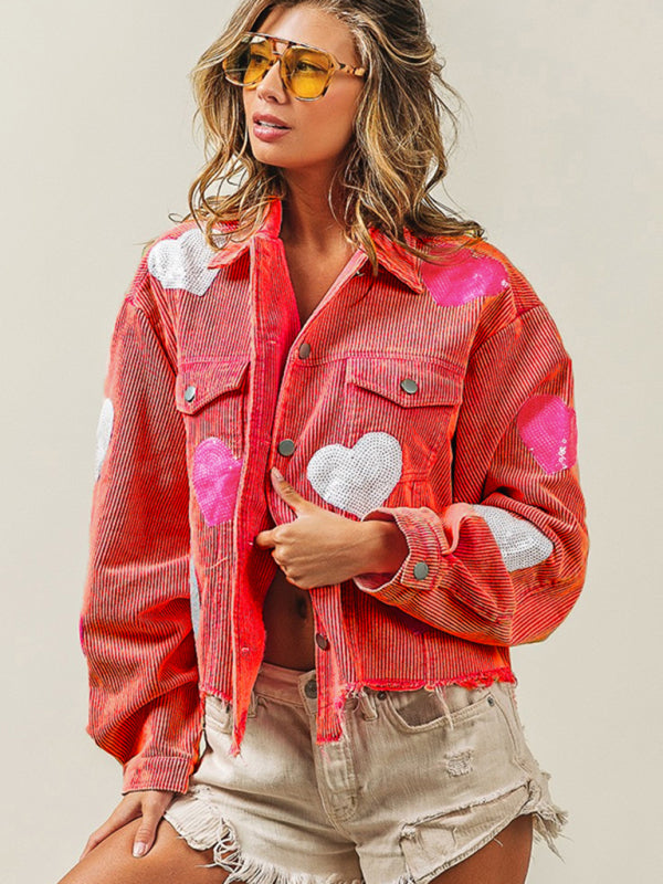 Corduroy Jackets- Fall in Love Corduroy Print Shirt Jacket | Urban Distressed Shacket- Red- Pekosa Women Clothing