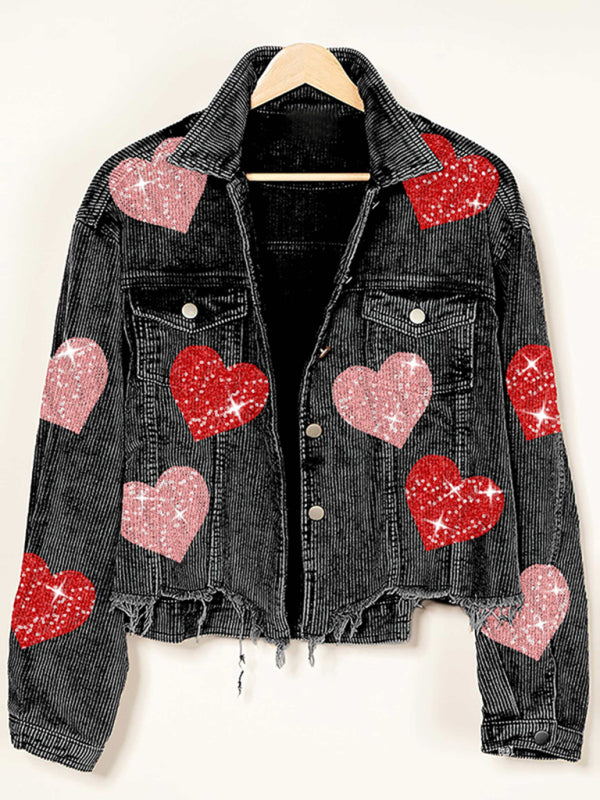 Corduroy Jackets- Fall in Love Corduroy Print Shirt Jacket | Urban Distressed Shacket- Black- Pekosa Women Clothing