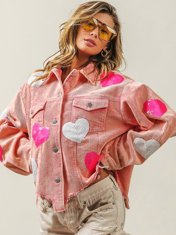 Corduroy Jackets- Fall in Love Corduroy Print Shirt Jacket | Urban Distressed Shacket- Pink- Pekosa Women Clothing