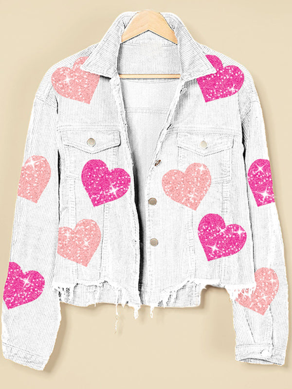 Corduroy Jackets- Fall in Love Corduroy Print Shirt Jacket | Urban Distressed Shacket- White- Pekosa Women Clothing